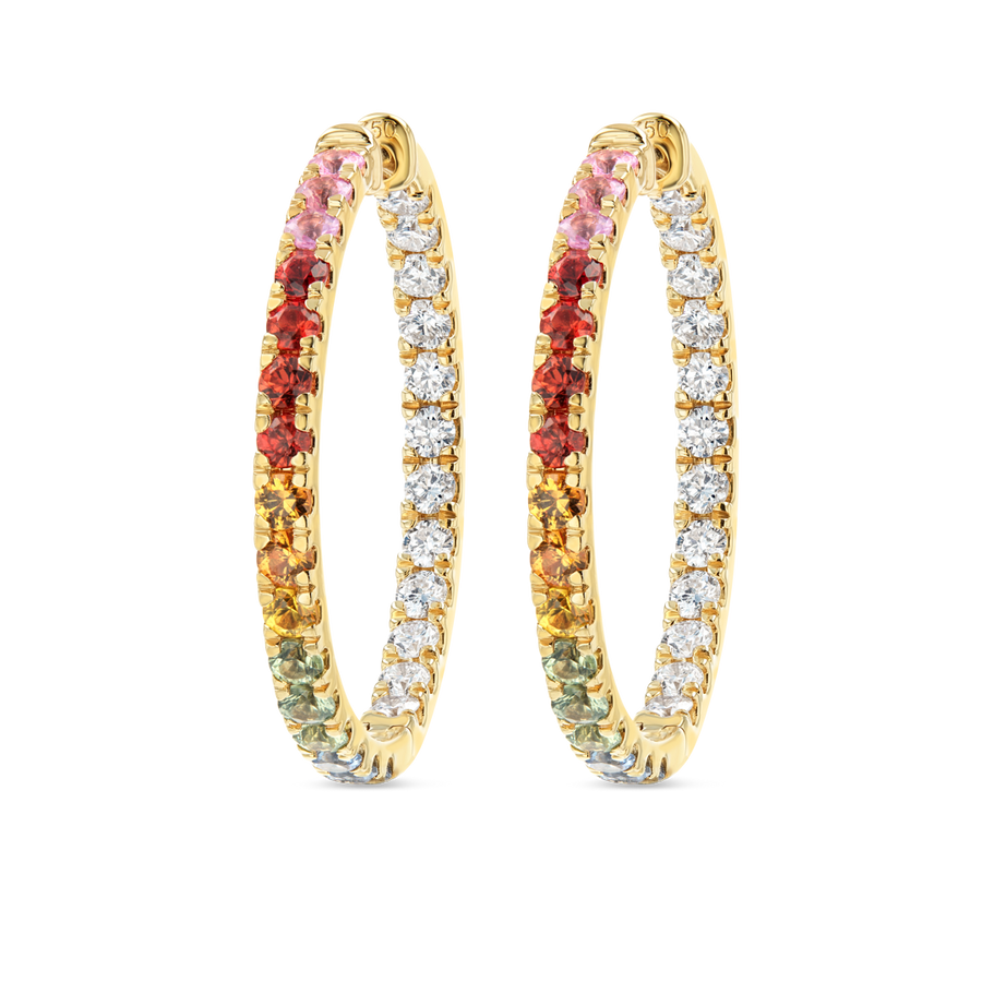Rainbow Sapphire & Natural Diamond Hoop Earrings Yellow Gold