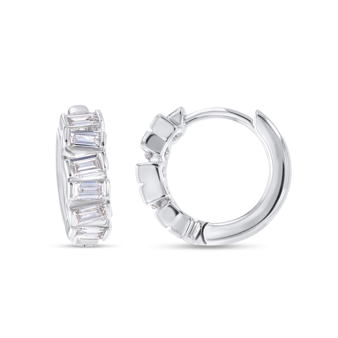 Half Horizontal Baguette Natural Diamond Hoop Earrings White Gold