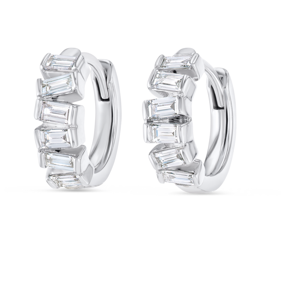 Half Horizontal Baguette Natural Diamond Hoop Earrings White Gold