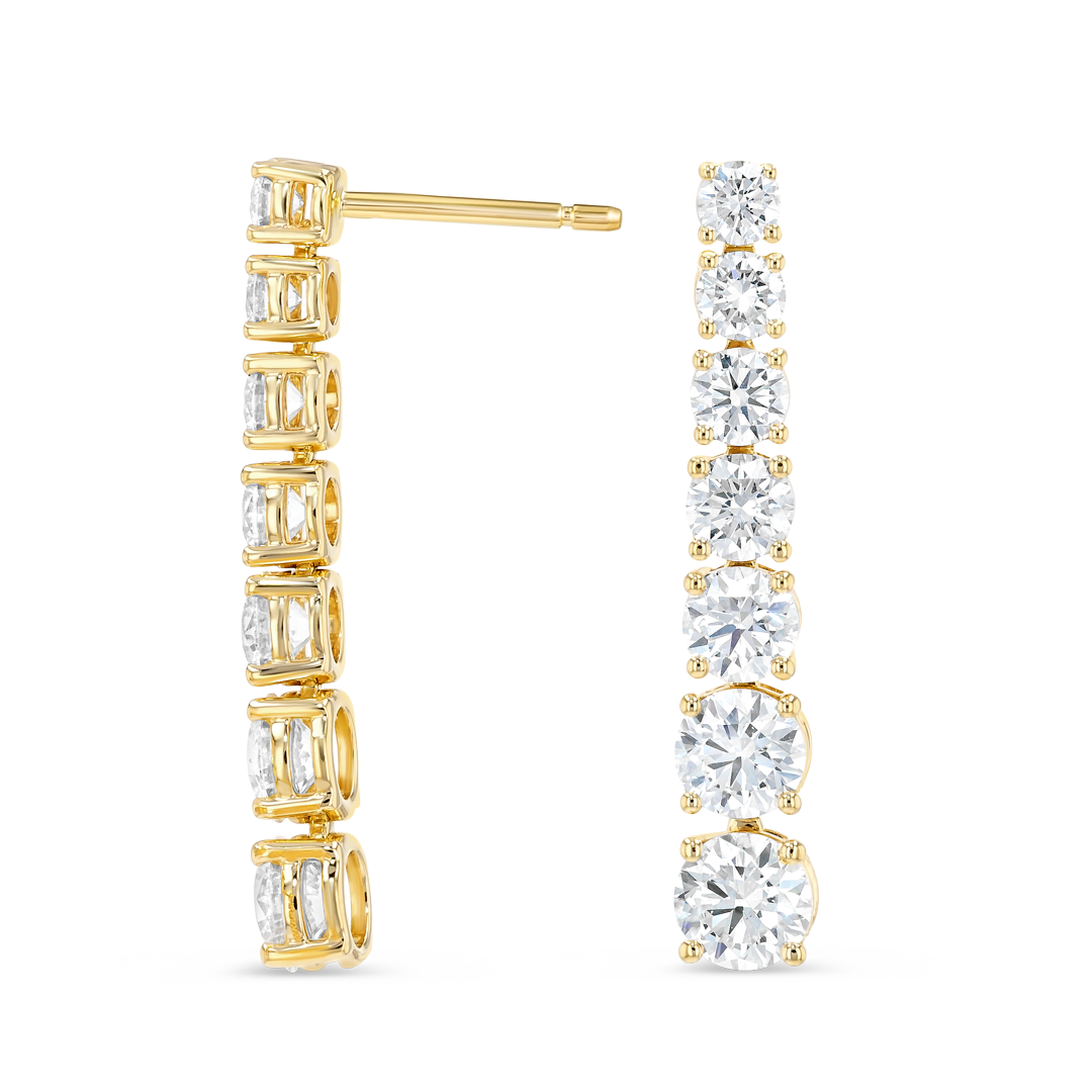 Graduated Round Natural Diamond Line Earrings Yellow Gold