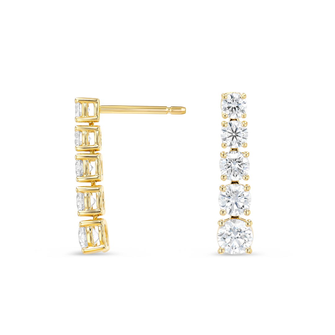 Petite Graduated Round Natural Diamond Line Earrings Yellow Gold