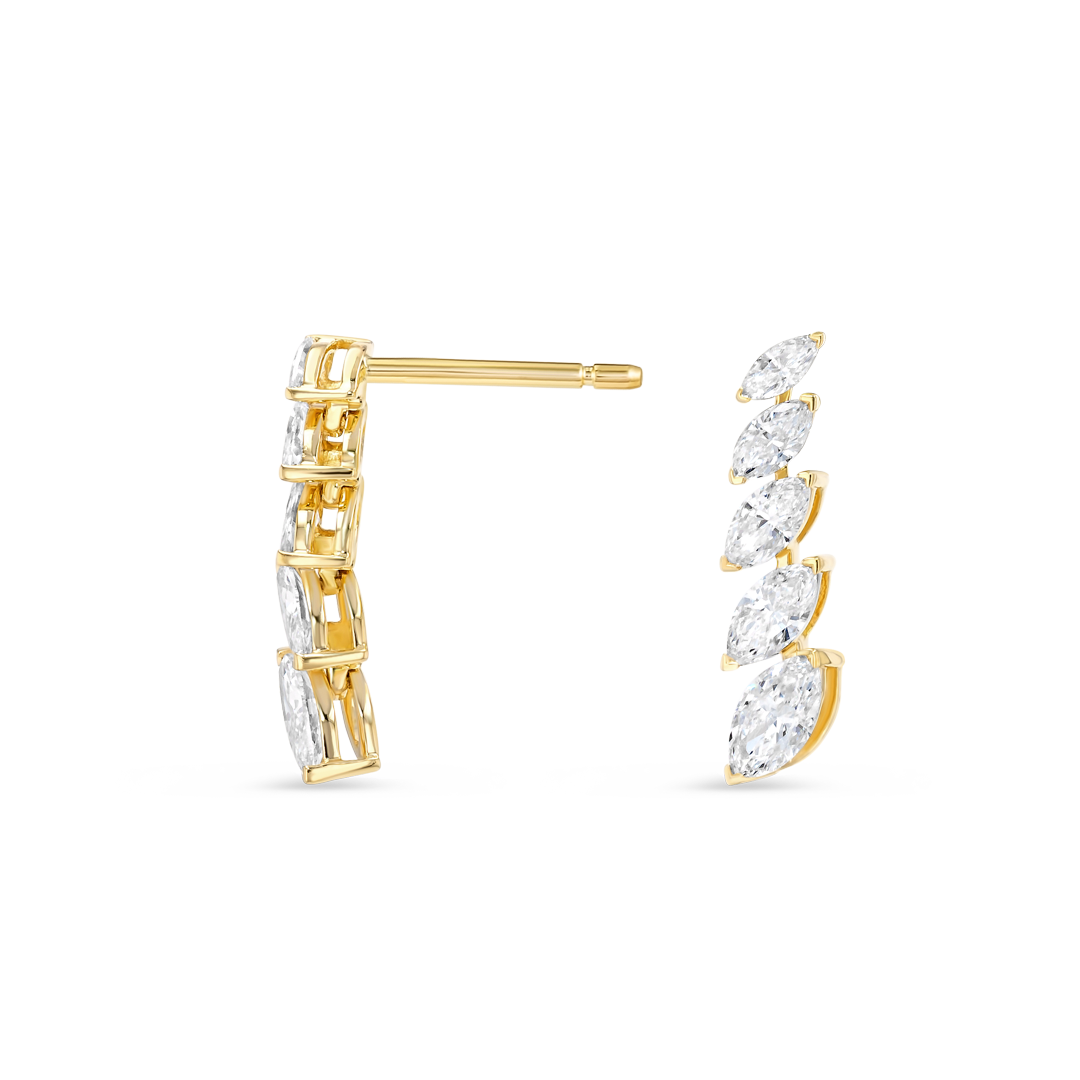Petite Graduated Marquise Natural Diamond Line Earrings Yellow Gold