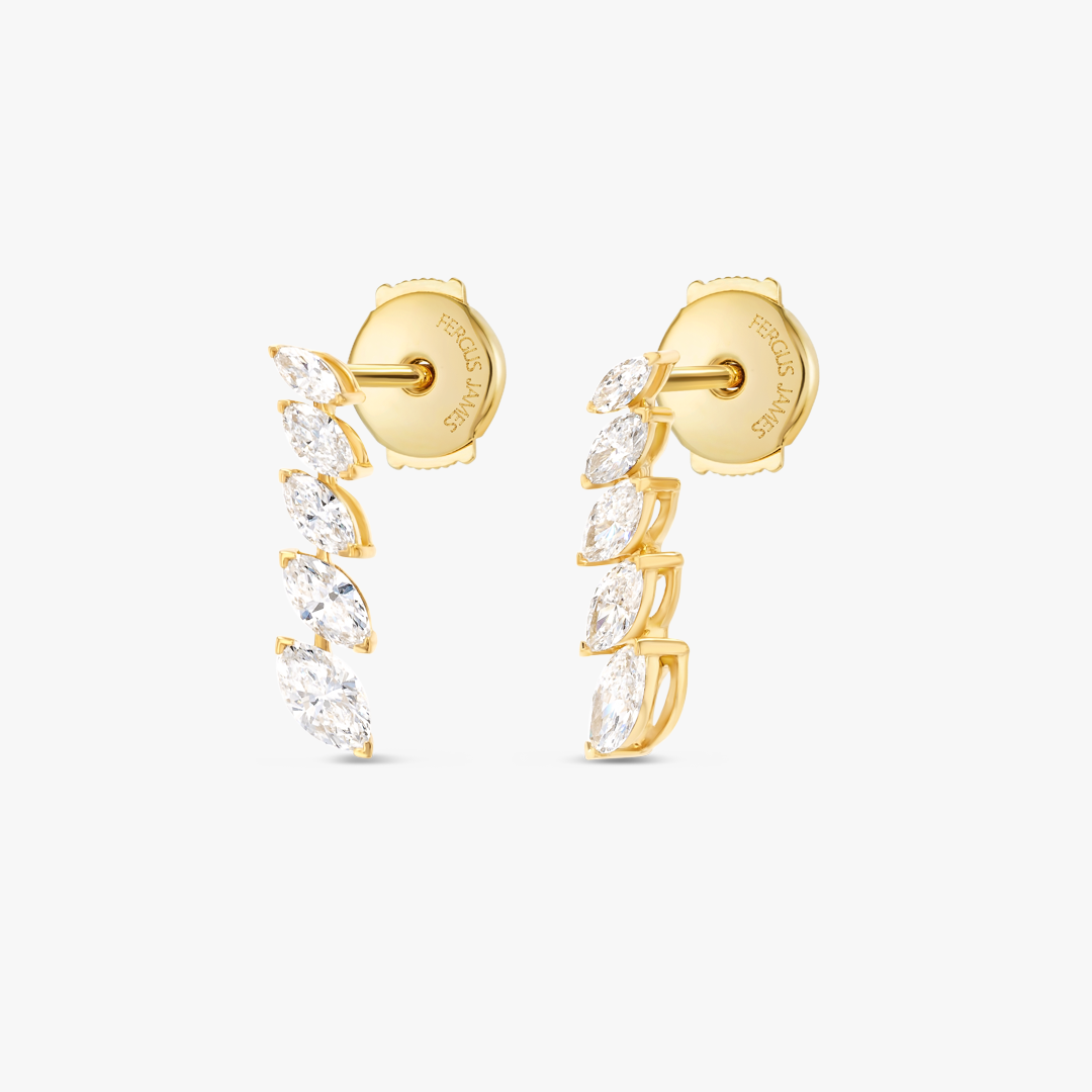 Petite Graduated Marquise Natural Diamond Line Earrings Yellow Gold