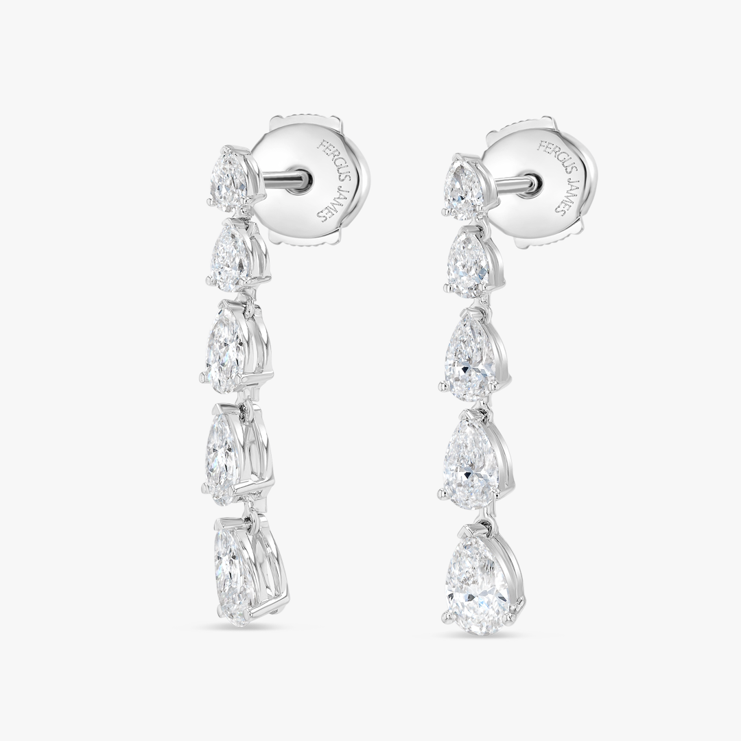 Graduated Pear Natural Diamond Line Earrings White Gold