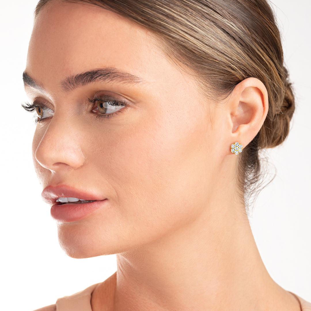Natural Diamond Circular Halo Earrings Yellow Gold