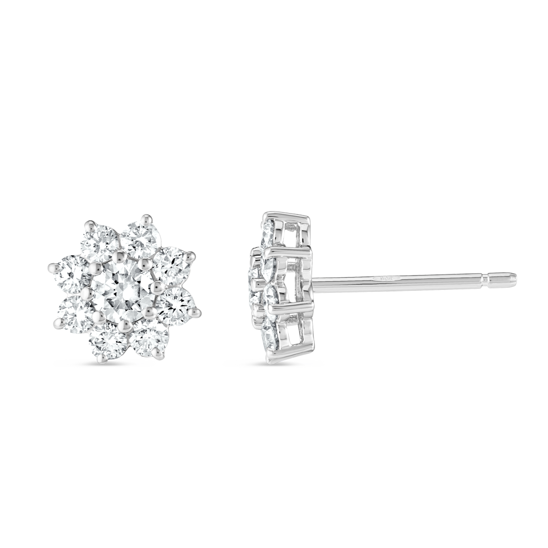 Natural Diamond Flower Halo Earrings White Gold