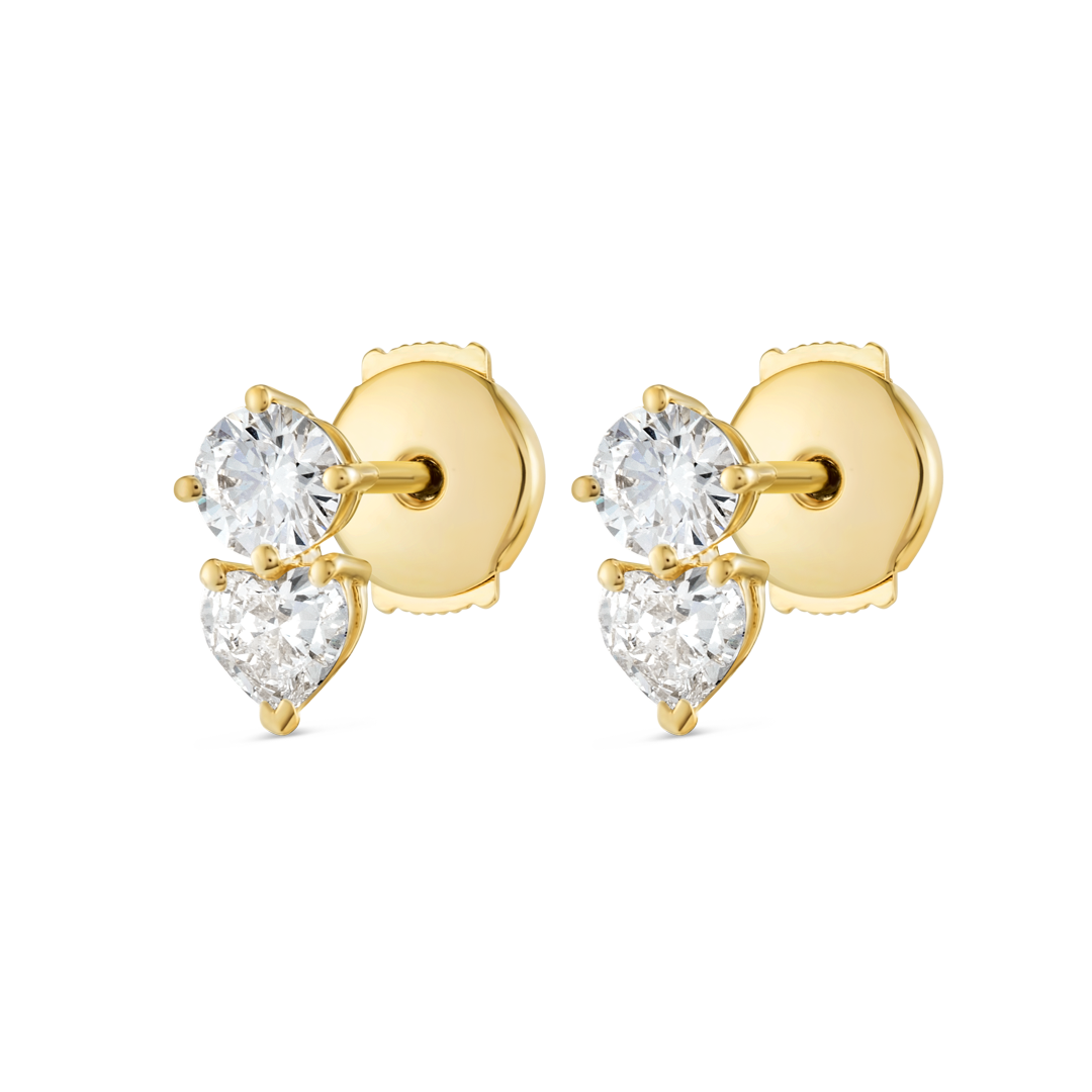 Heart & Round Duo Natural Diamond Earrings Yellow Gold