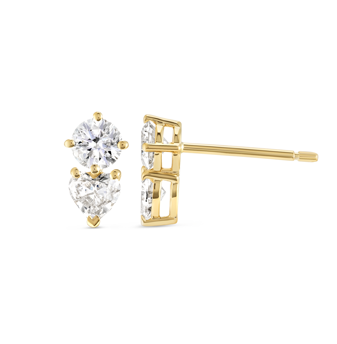 Heart & Round Duo Natural Diamond Earrings Yellow Gold