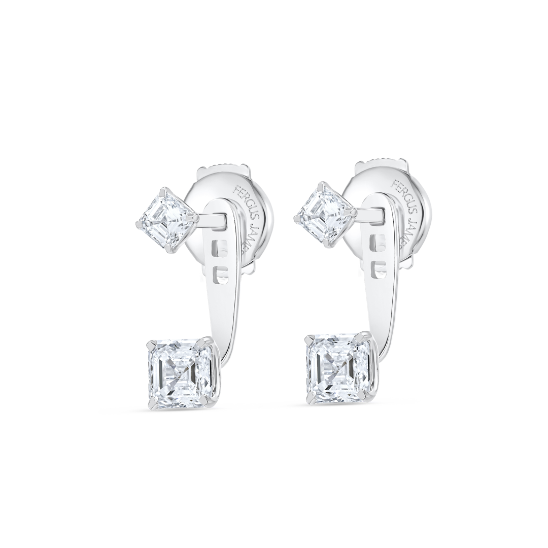 Asscher Shaped Natural Diamond Slider Earrings White Gold