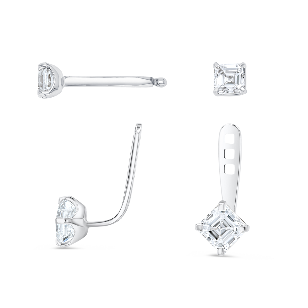 Angled Asscher Shaped Natural Diamond Slider Earrings White Gold