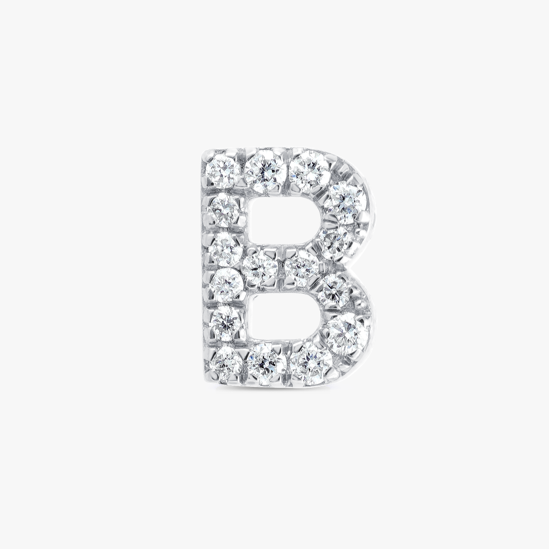 B Letter Natural Diamond Single Stud Earring White Gold