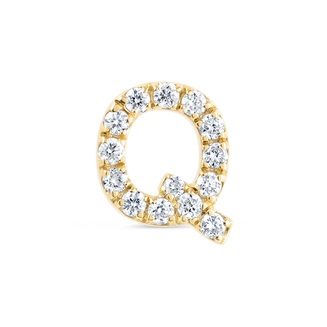 Q Letter Natural Diamond Single Stud Earring Yellow Gold