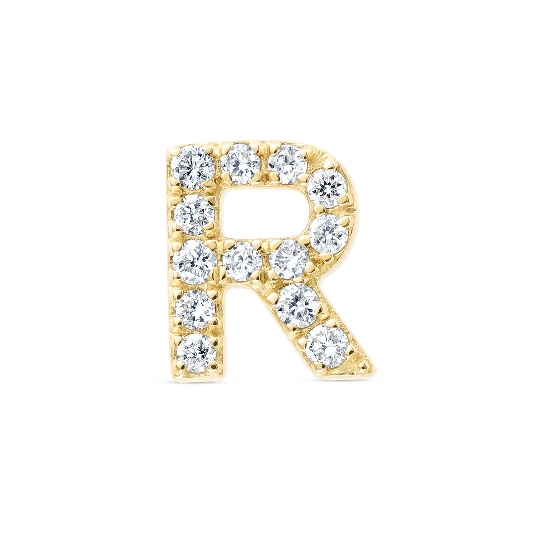 R Letter Natural Diamond Single Stud Earring Yellow Gold
