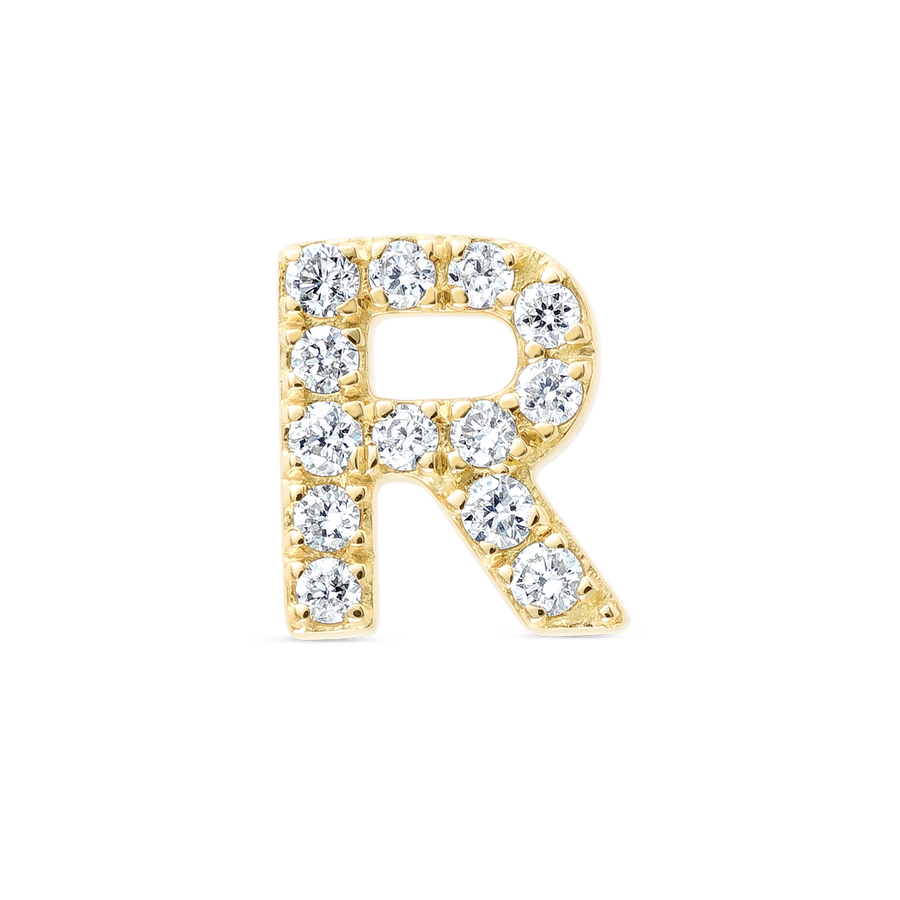 R Letter Natural Diamond Single Stud Earring Yellow Gold