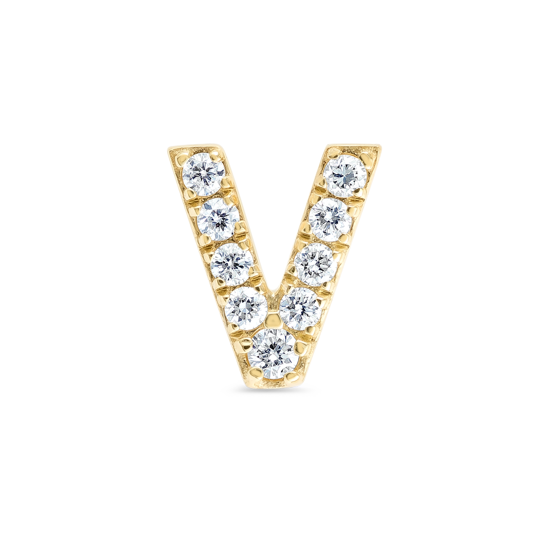 V Letter Natural Diamond Single Stud Earring Yellow Gold