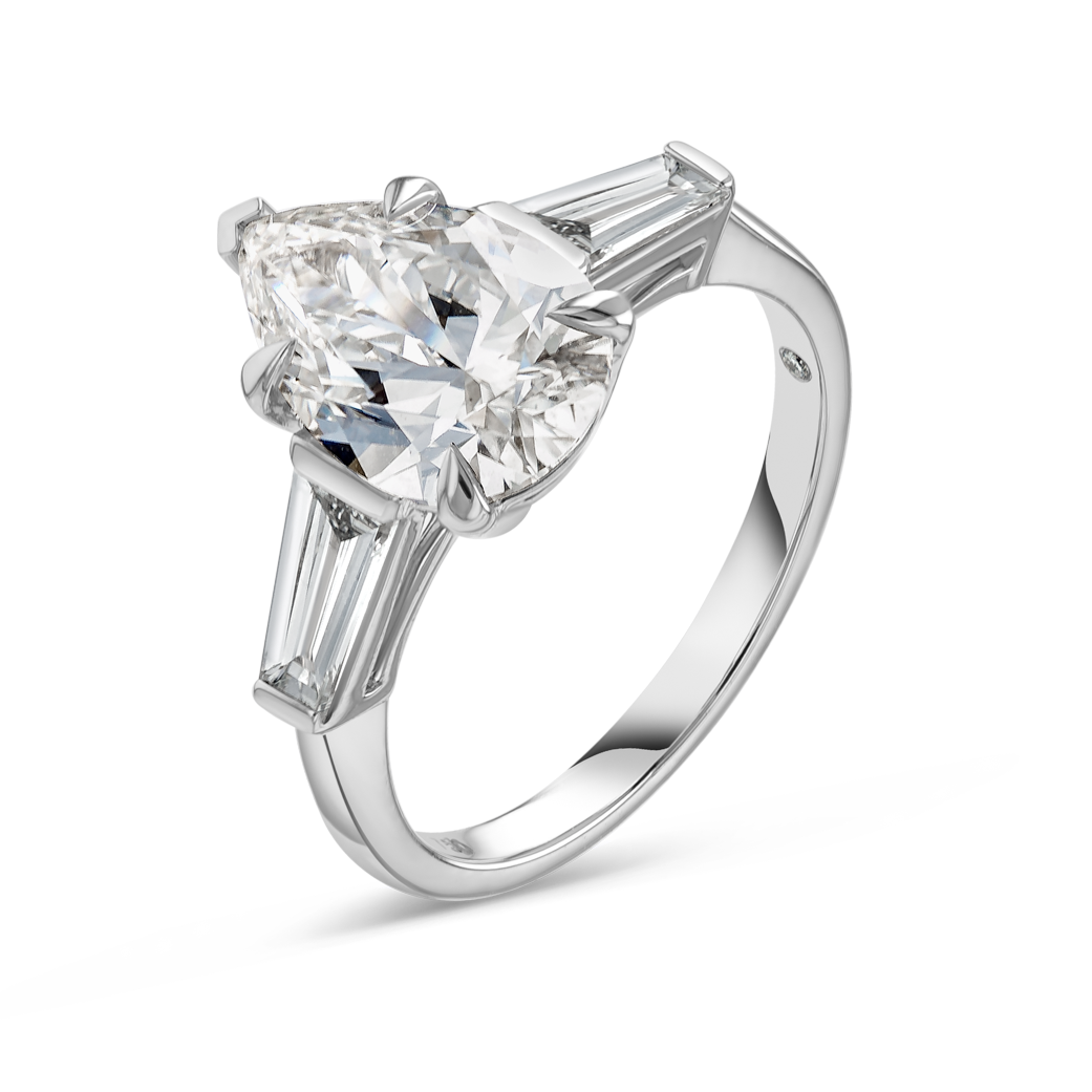2 Carat Lab-Grown Pear Trilogy With Side Baguettes White Gold Ring
