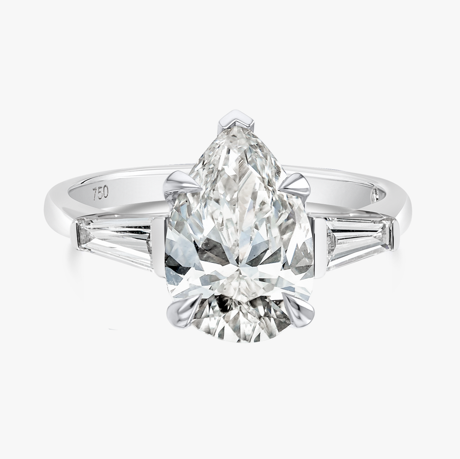 2 Carat Natural Pear Trilogy With Side Baguettes White Gold Ring