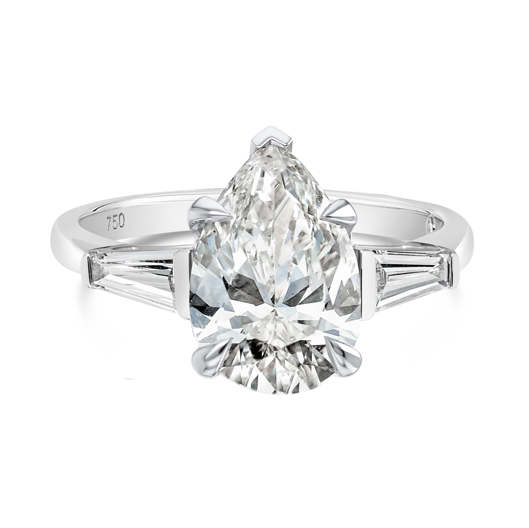 2 Carat Natural Pear Trilogy With Side Baguettes White Gold Ring