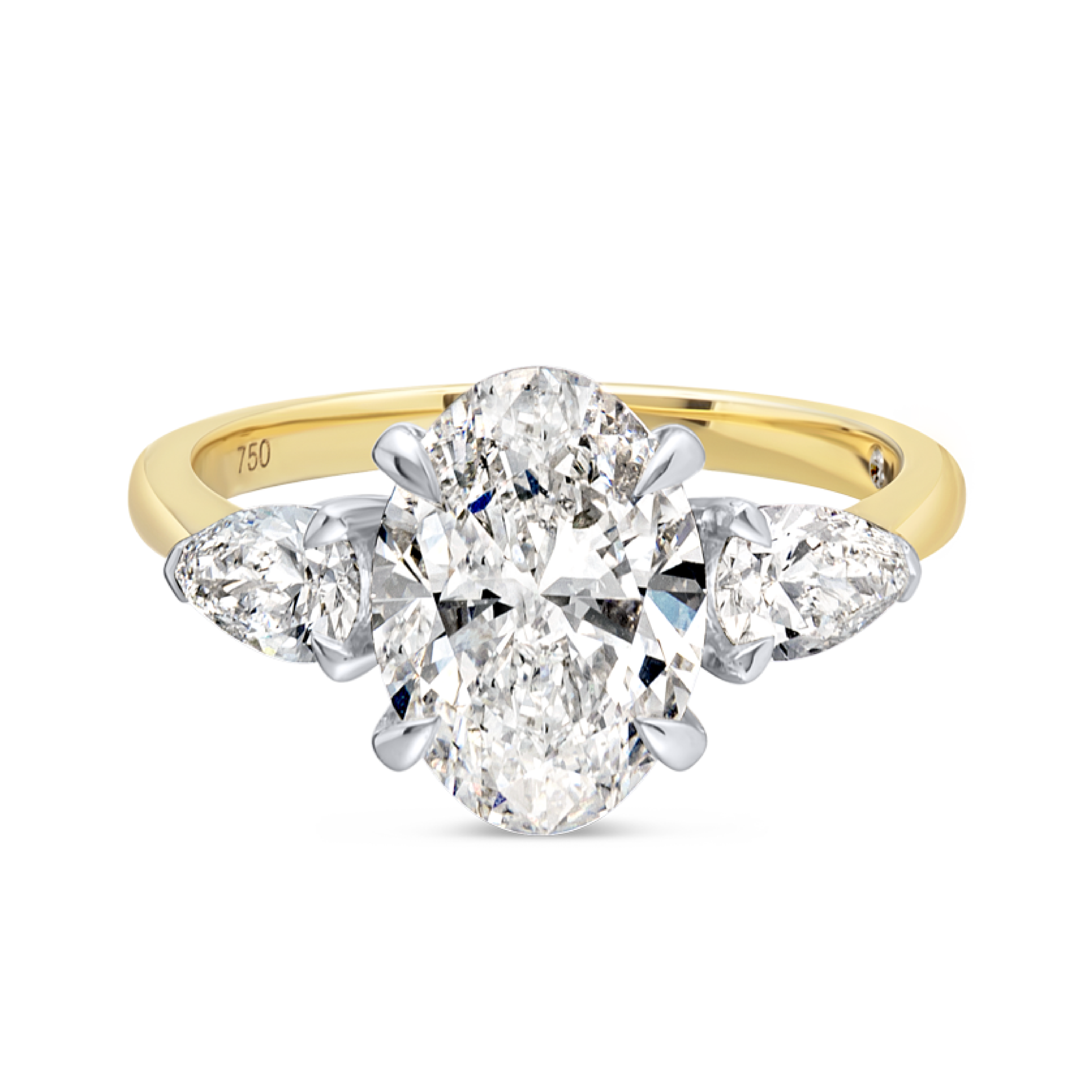 2 Carat Natural Oval Trilogy With Side Pears Yellow Gold Ring