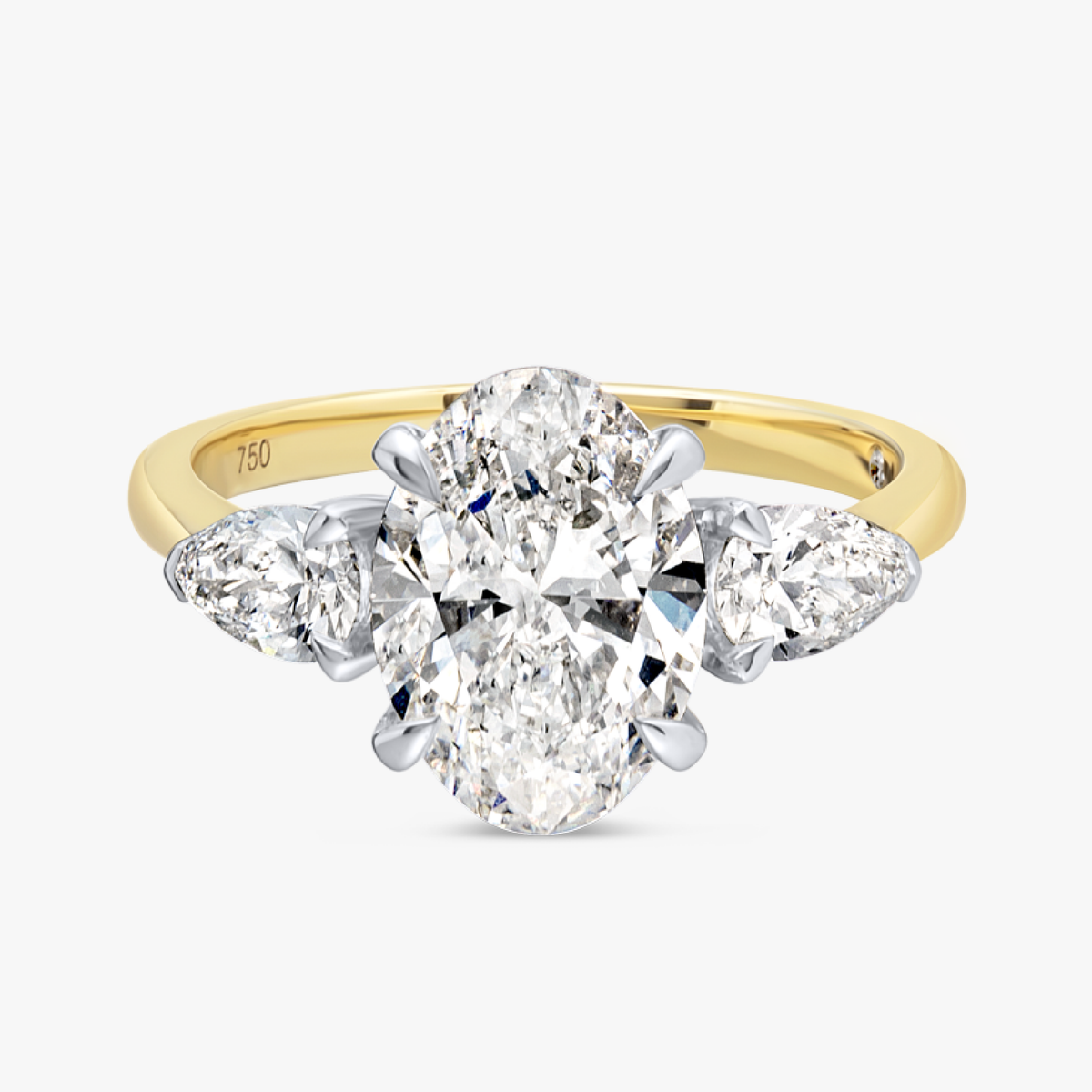 2 Carat Lab-Grown Oval Trilogy With Side Pears Yellow Gold Ring