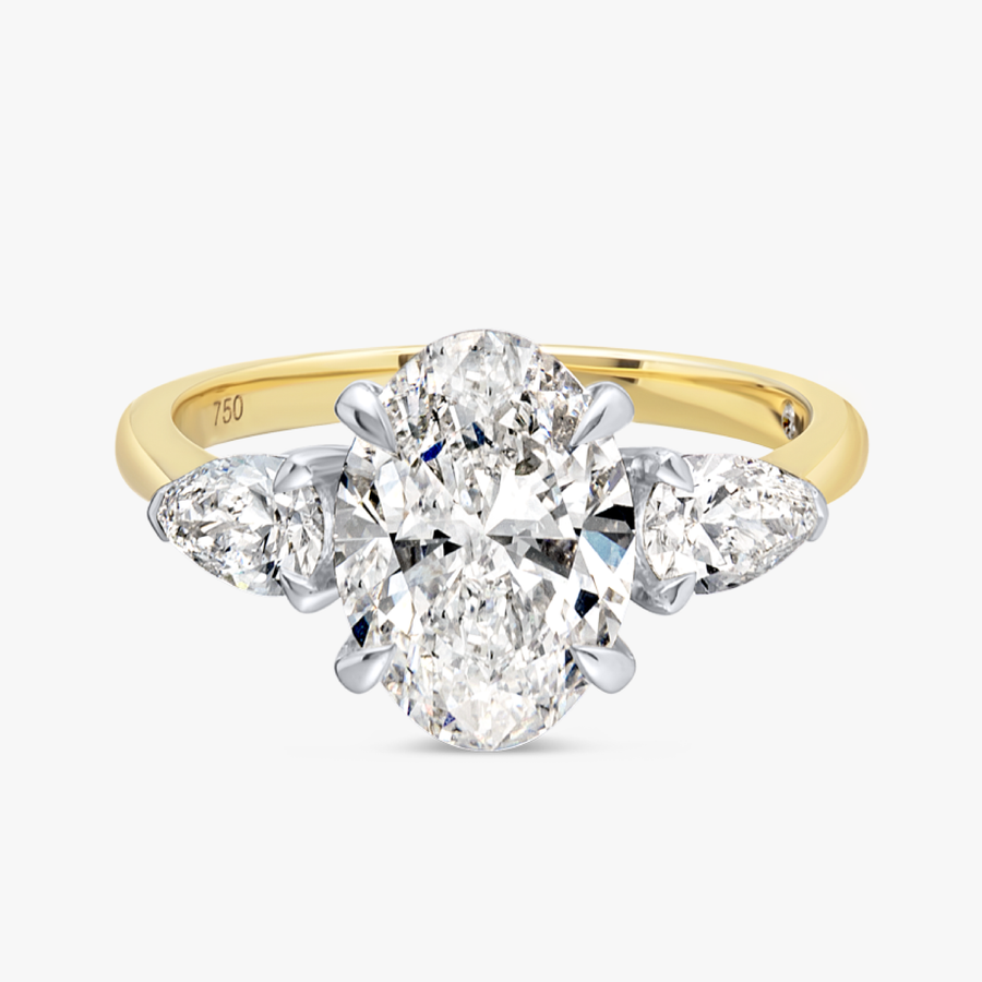 2 Carat Lab-Grown Oval Trilogy With Side Pears Yellow Gold Ring
