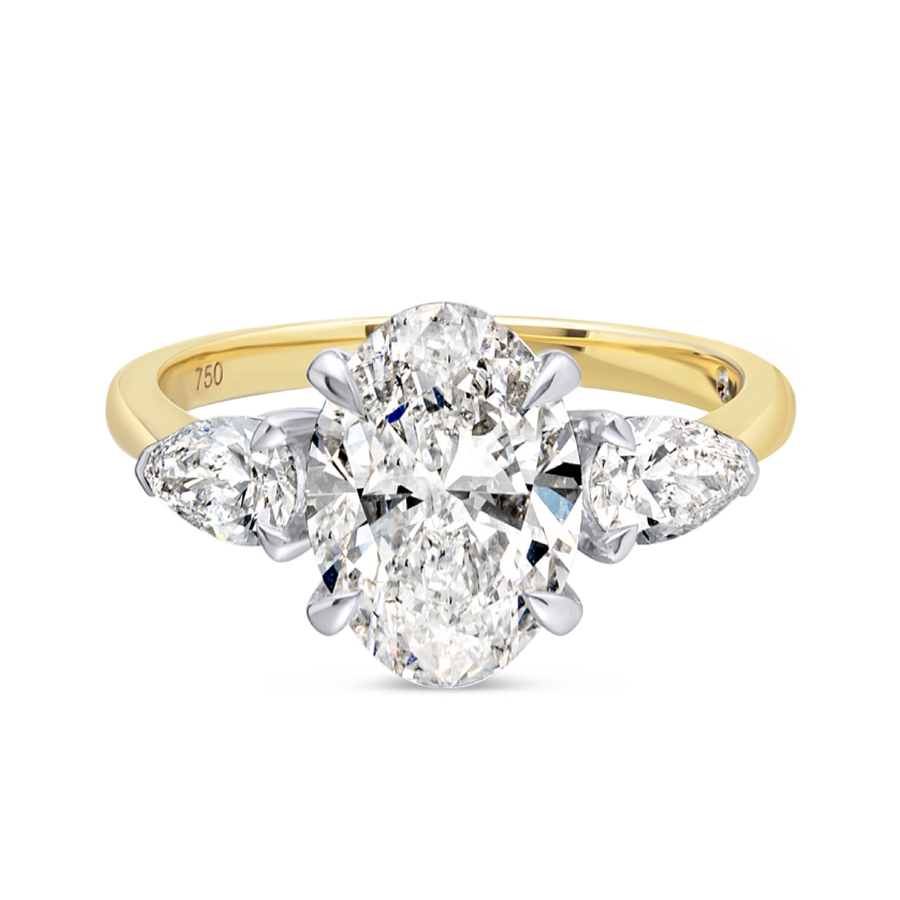 2 Carat Lab-Grown Oval Trilogy With Side Pears Yellow Gold Ring