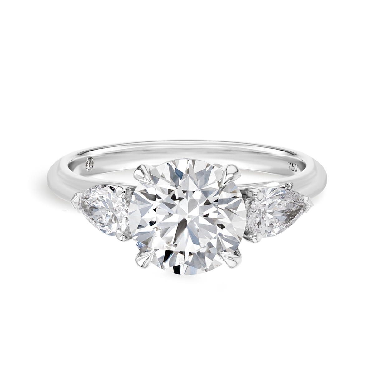 2 Carat Natural Round Classic Trilogy With Side Pears White Gold Ring