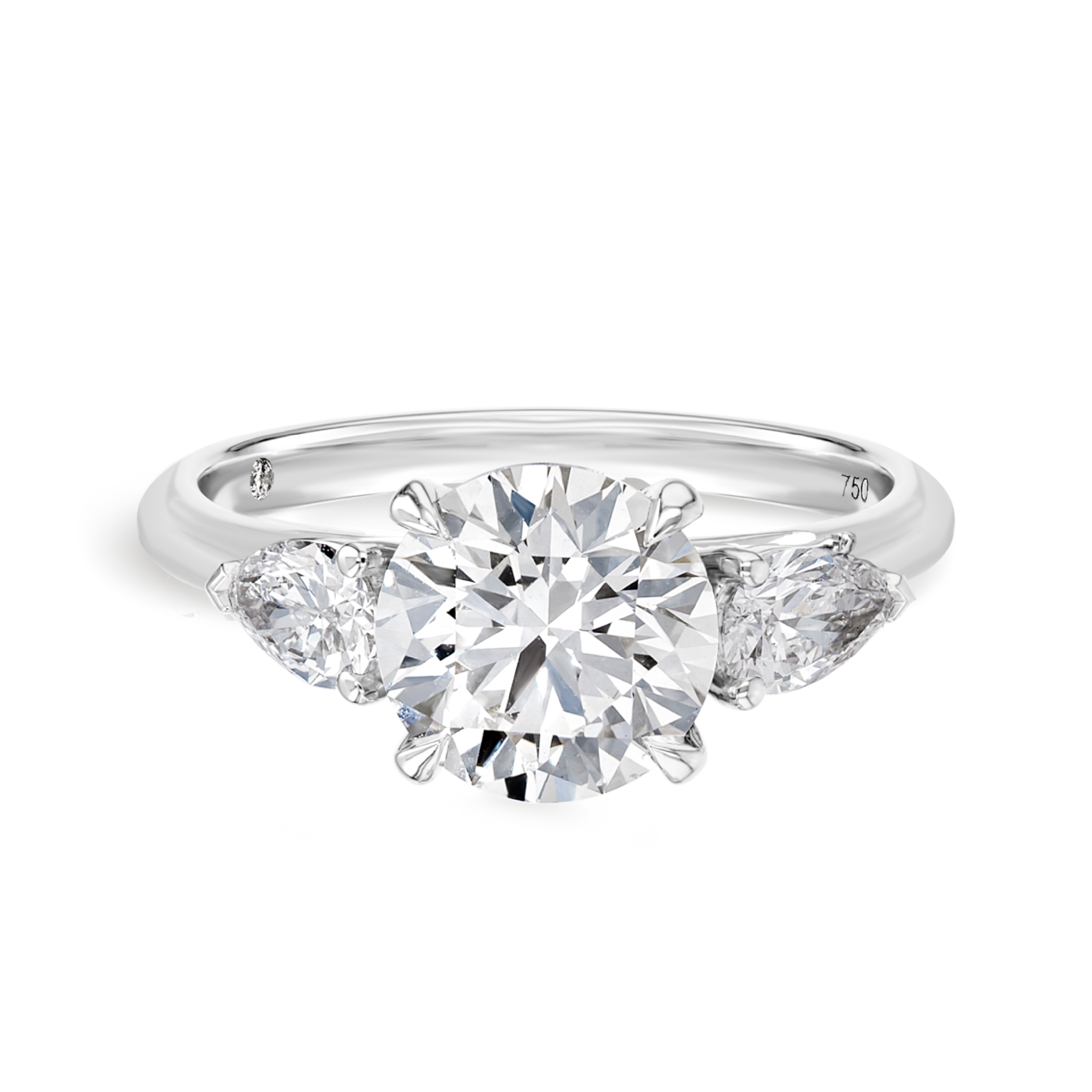 2 Carat Natural Round Classic Trilogy With Side Pears White Gold Ring