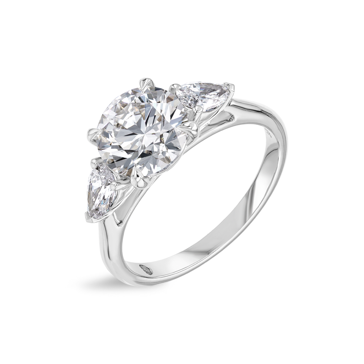 2 Carat Natural Round Classic Trilogy With Side Pears White Gold Ring