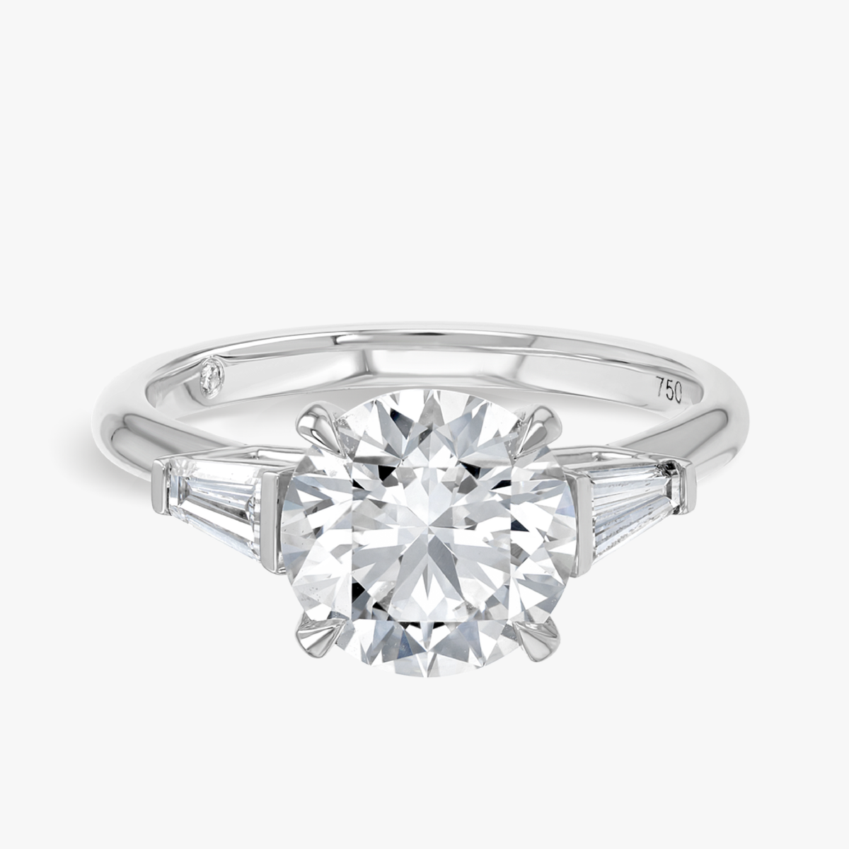 2.5 Carat Natural Round Trilogy With Side Baguettes White Gold Ring