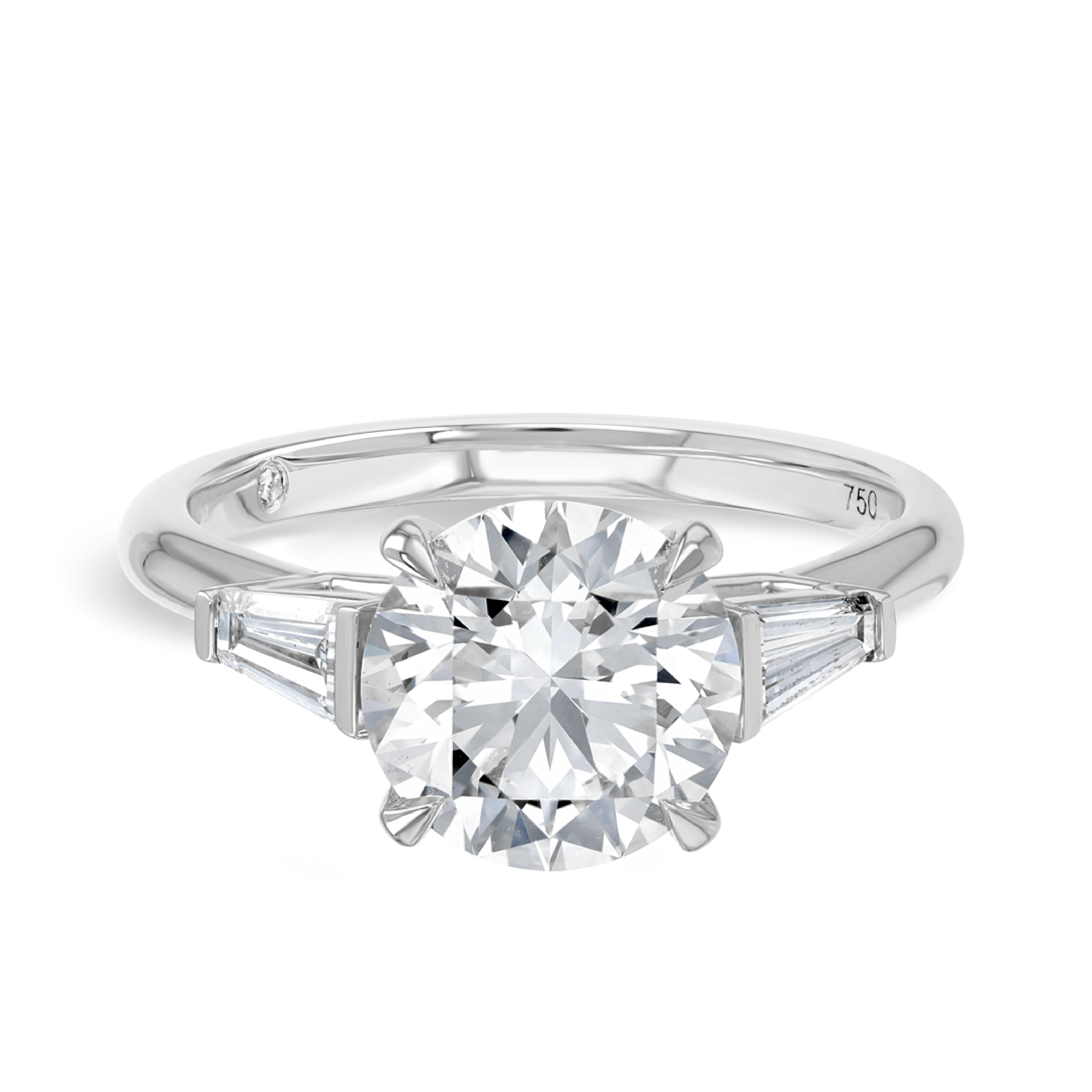 2.5 Carat Natural Round Trilogy With Side Baguettes White Gold Ring