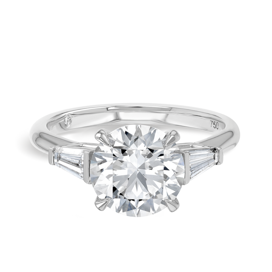 2.5 Carat Natural Round Trilogy With Side Baguettes White Gold Ring
