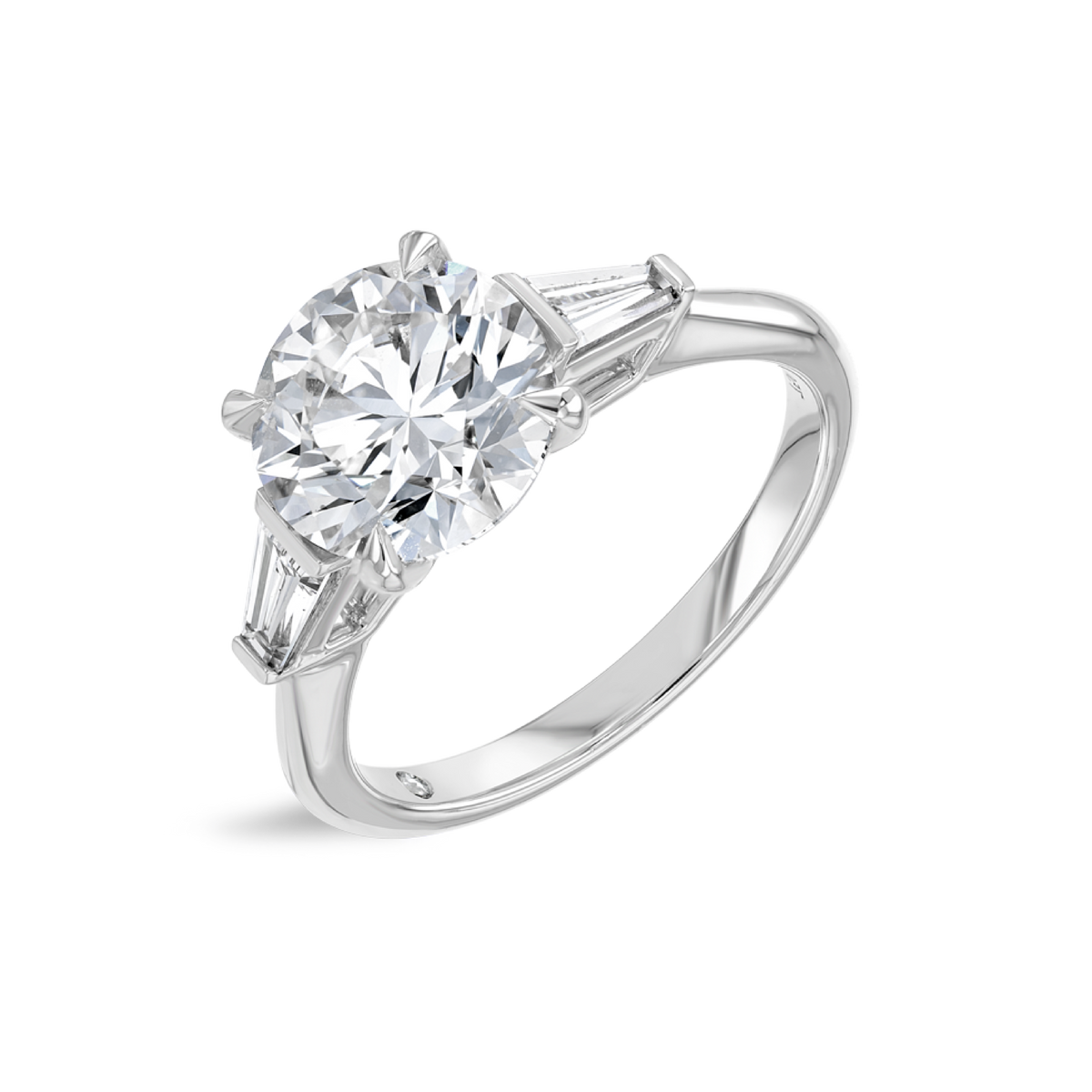 2.5 Carat Natural Round Trilogy With Side Baguettes White Gold Ring