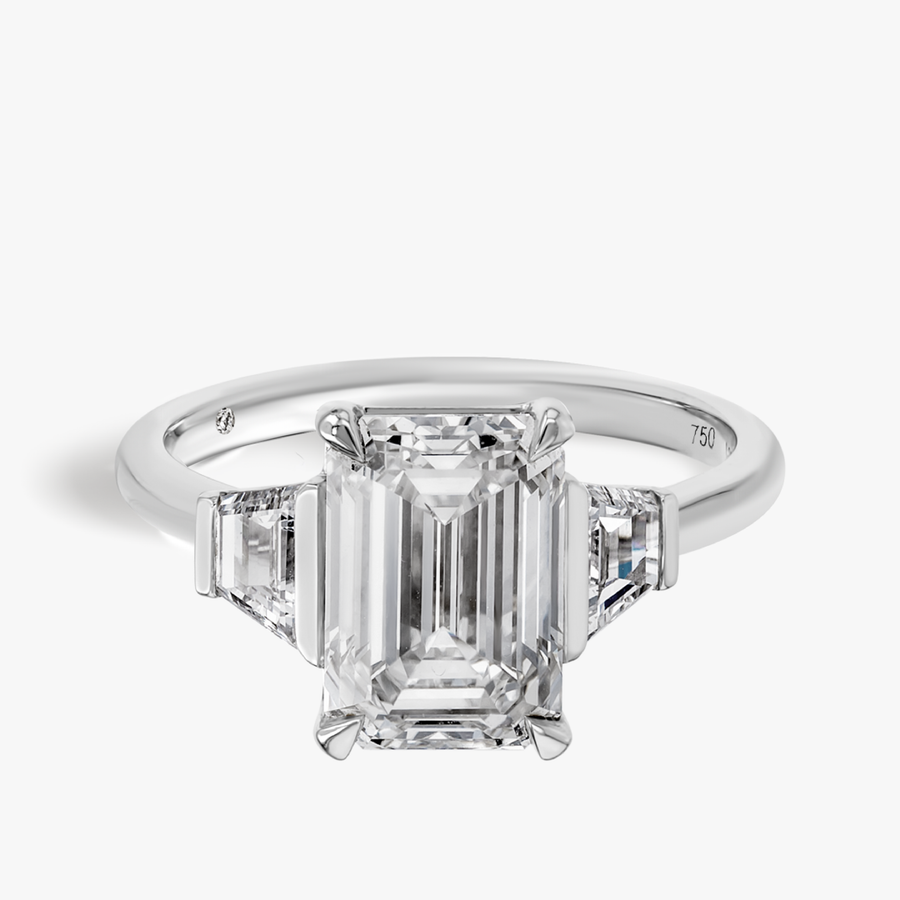 3 Carat Lab-Grown Emerald Trilogy With Side Trapezoids White Gold Ring