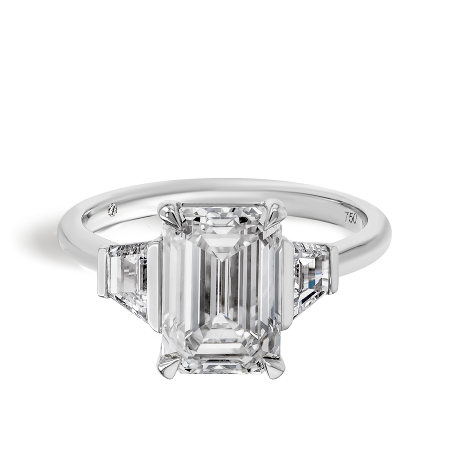 3 Carat Natural Emerald Trilogy With Side Trapezoids White Gold Ring
