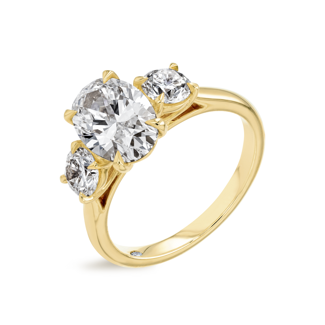 2 Carat Natural Oval Trilogy With Side Rounds Yellow Gold Ring