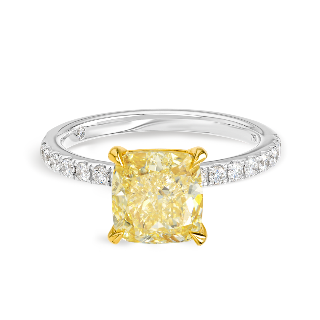 2.5 Carat Natural Fancy Yellow Cushion Diamond Band White Gold Ring