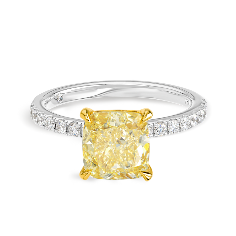 2.5 Carat Natural Fancy Yellow Cushion Diamond Band White Gold Ring