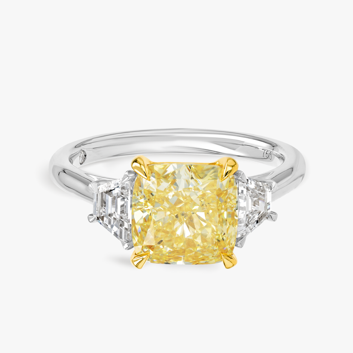3 Carat Lab-Grown Fancy Yellow Cushion Trilogy With Side Trapezoids White Gold Ring