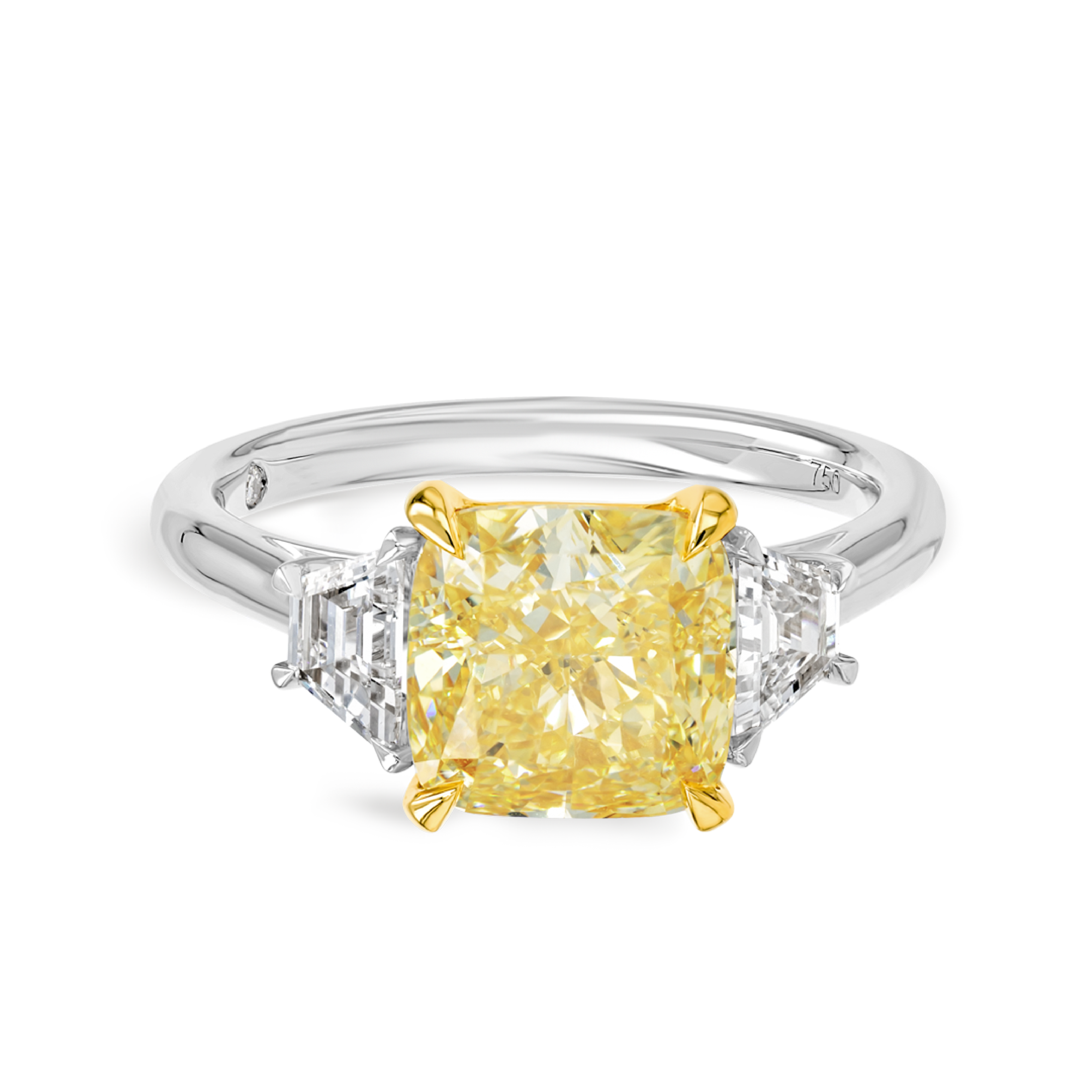 3 Carat Lab-Grown Fancy Yellow Cushion Trilogy With Side Trapezoids White Gold Ring