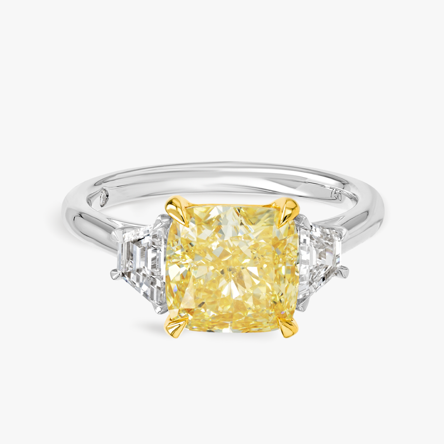 3 Carat Natural Fancy Yellow Cushion Trilogy With Side Trapezoids White Gold Ring