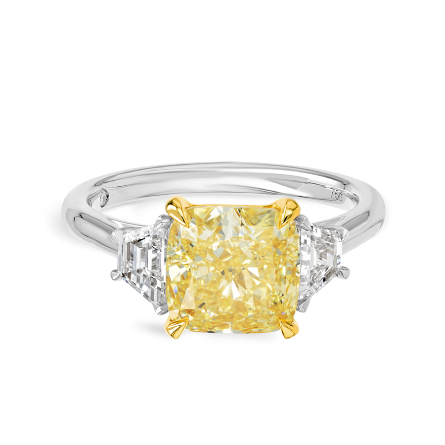 3 Carat Natural Fancy Yellow Cushion Trilogy With Side Trapezoids White Gold Ring