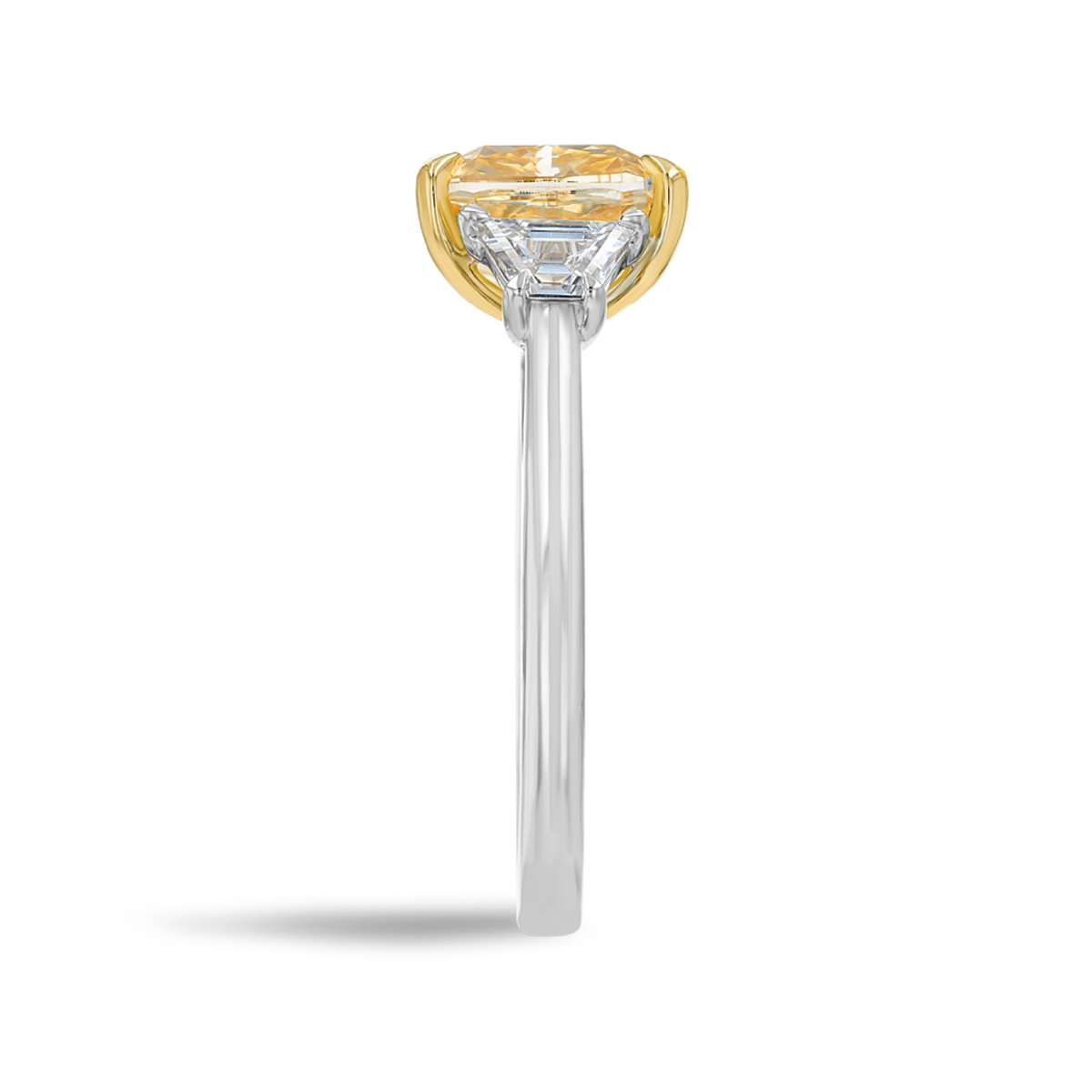 3 Carat Lab-Grown Fancy Yellow Cushion Trilogy With Side Trapezoids White Gold Ring