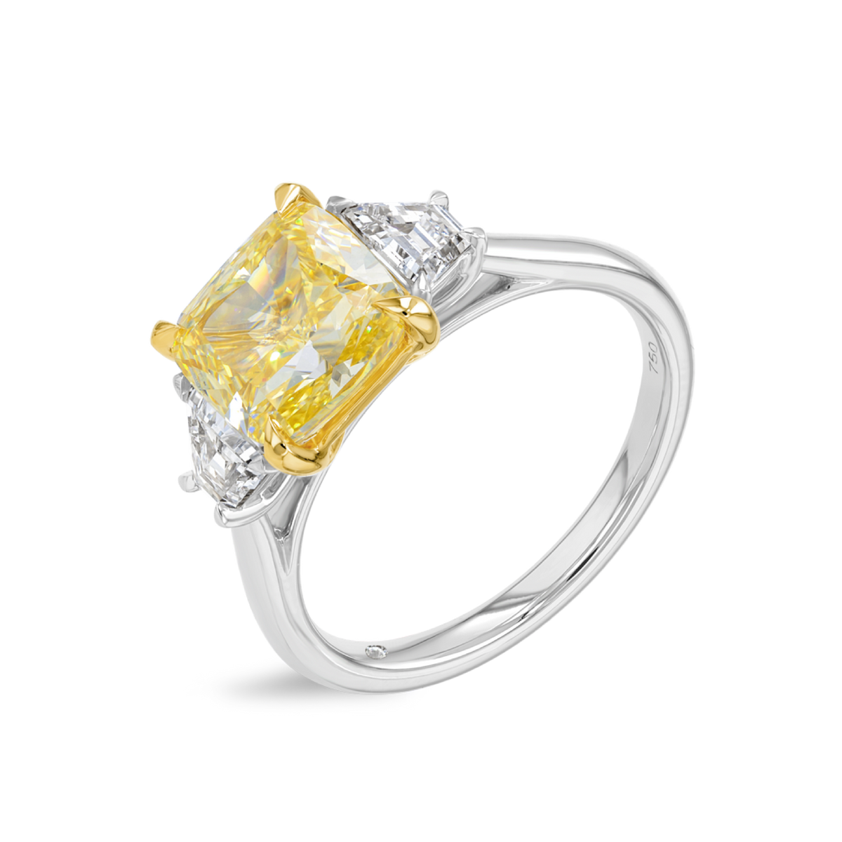 3 Carat Lab-Grown Fancy Yellow Cushion Trilogy With Side Trapezoids White Gold Ring