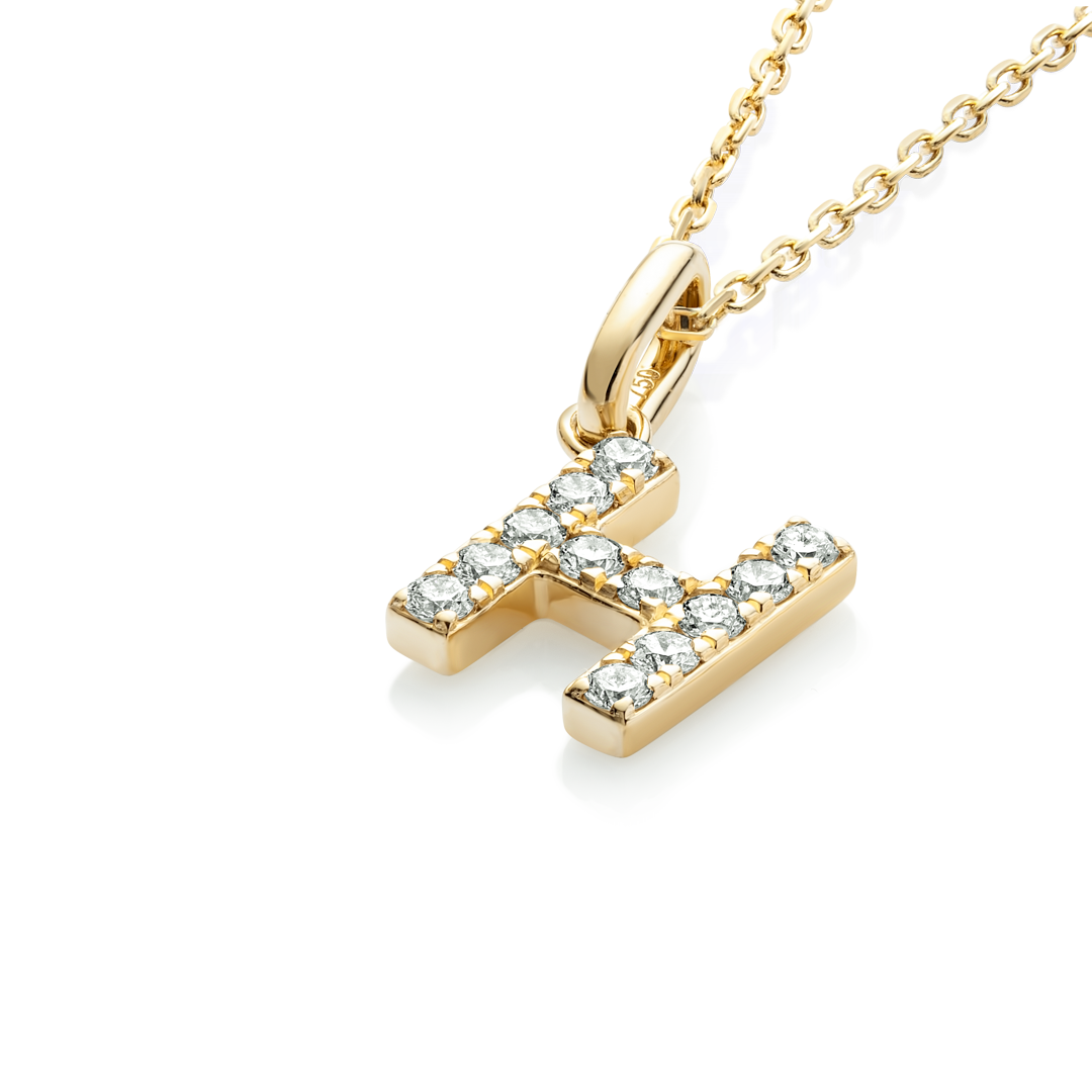 H Letter Natural Diamond Pendant Yellow Gold