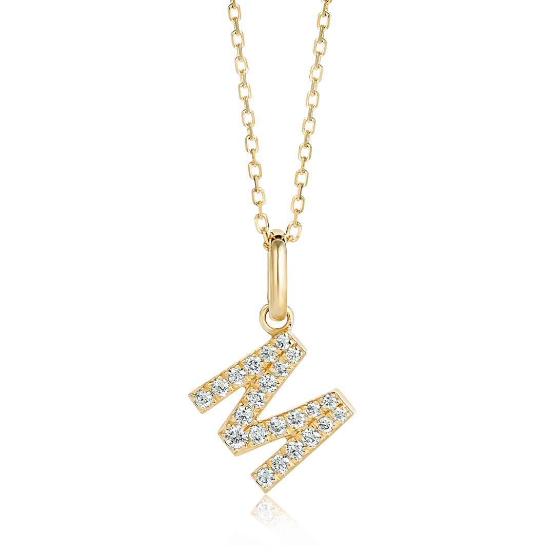 M Letter Natural Diamond Pendant Yellow Gold