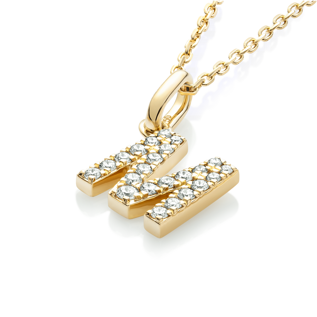 M Letter Natural Diamond Pendant Yellow Gold
