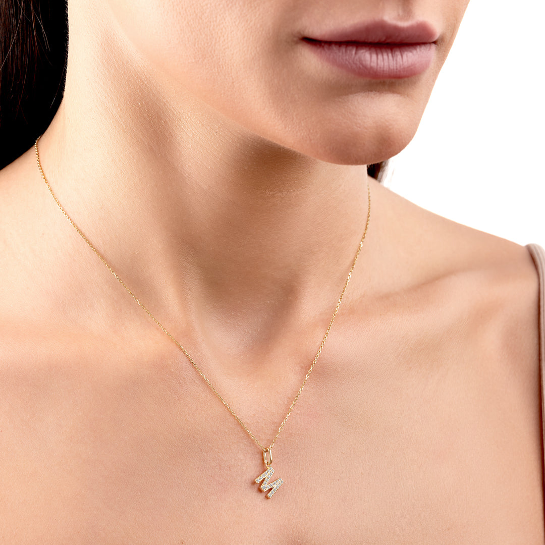 M Letter Natural Diamond Pendant Yellow Gold