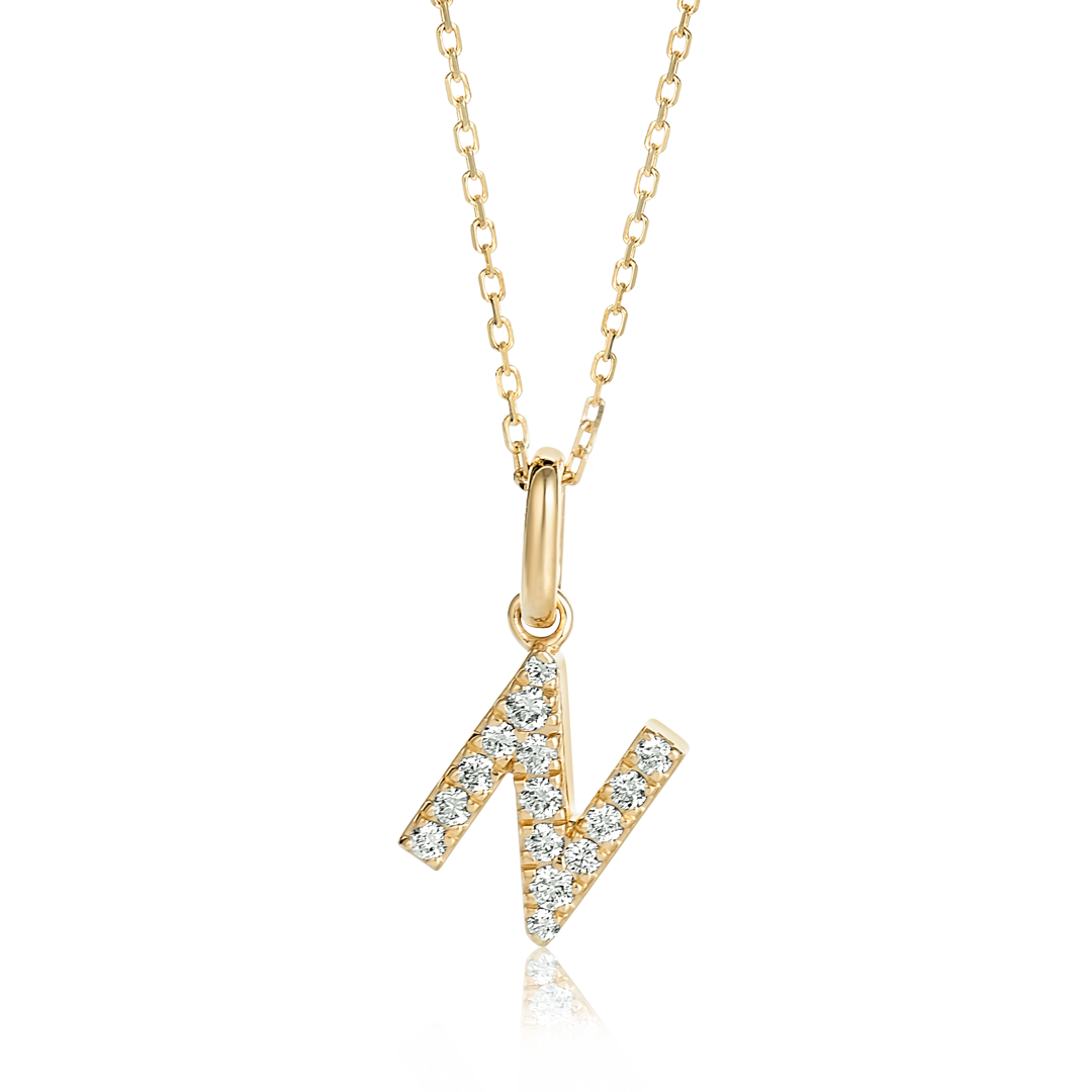 N Letter Natural Diamond Pendant Yellow Gold