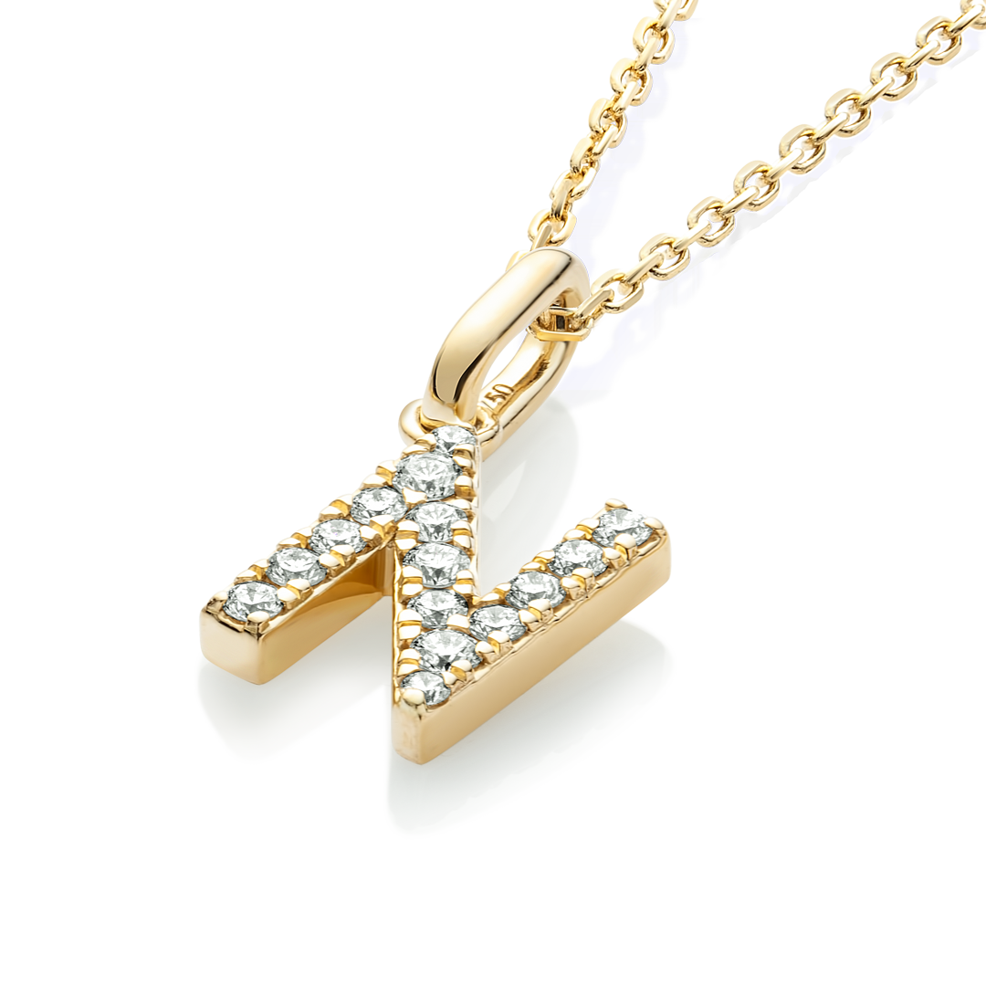 N Letter Natural Diamond Pendant Yellow Gold